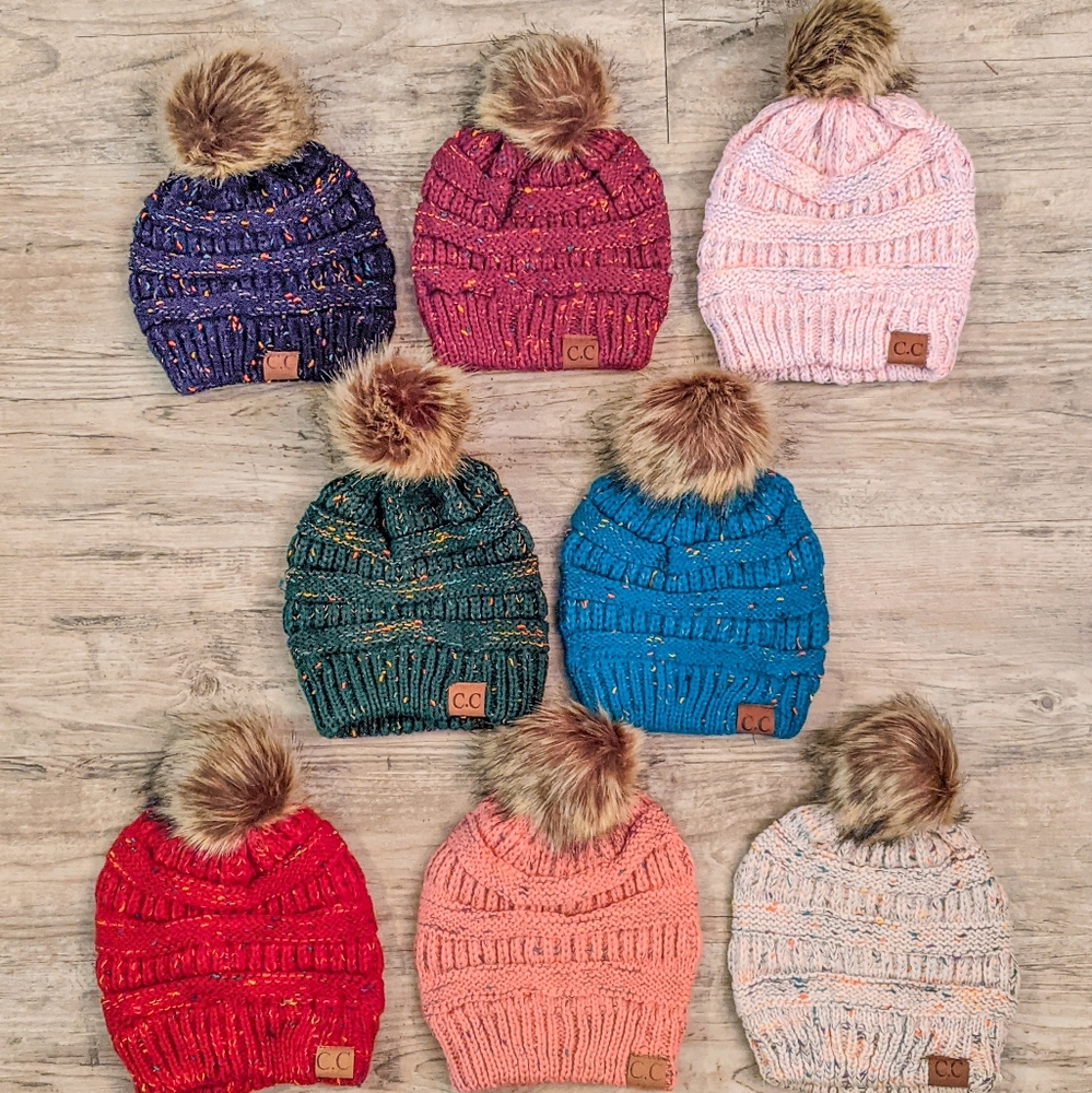 Multicolored Beanie with Vegan Fur Ball on Top - Picture 3 of 3